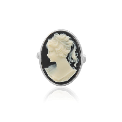 Vintage White Silhouette on Black Cameo Ring Antique 18k White Gold Silver Womans Handmade Jewelry R1776 - Limited Stock - Never Worn