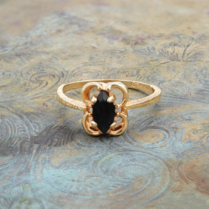 Vintage Ring Jet Black Austrian Crystal Stone Ring 18k Gold Dainty Small Antique Womans Jewelry R586 - Limited Stock - Never Worn