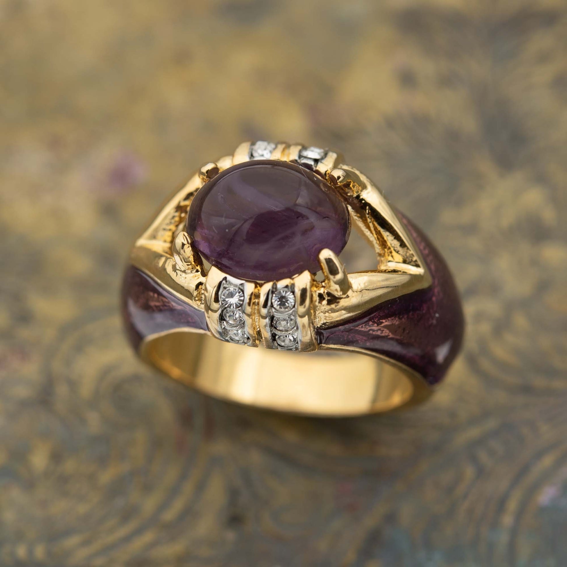 Vintage Ring 1990's Amethyst and Clear Crystals Dome Ring Womans Antique Jewlery - Limited Stock - Never Worn