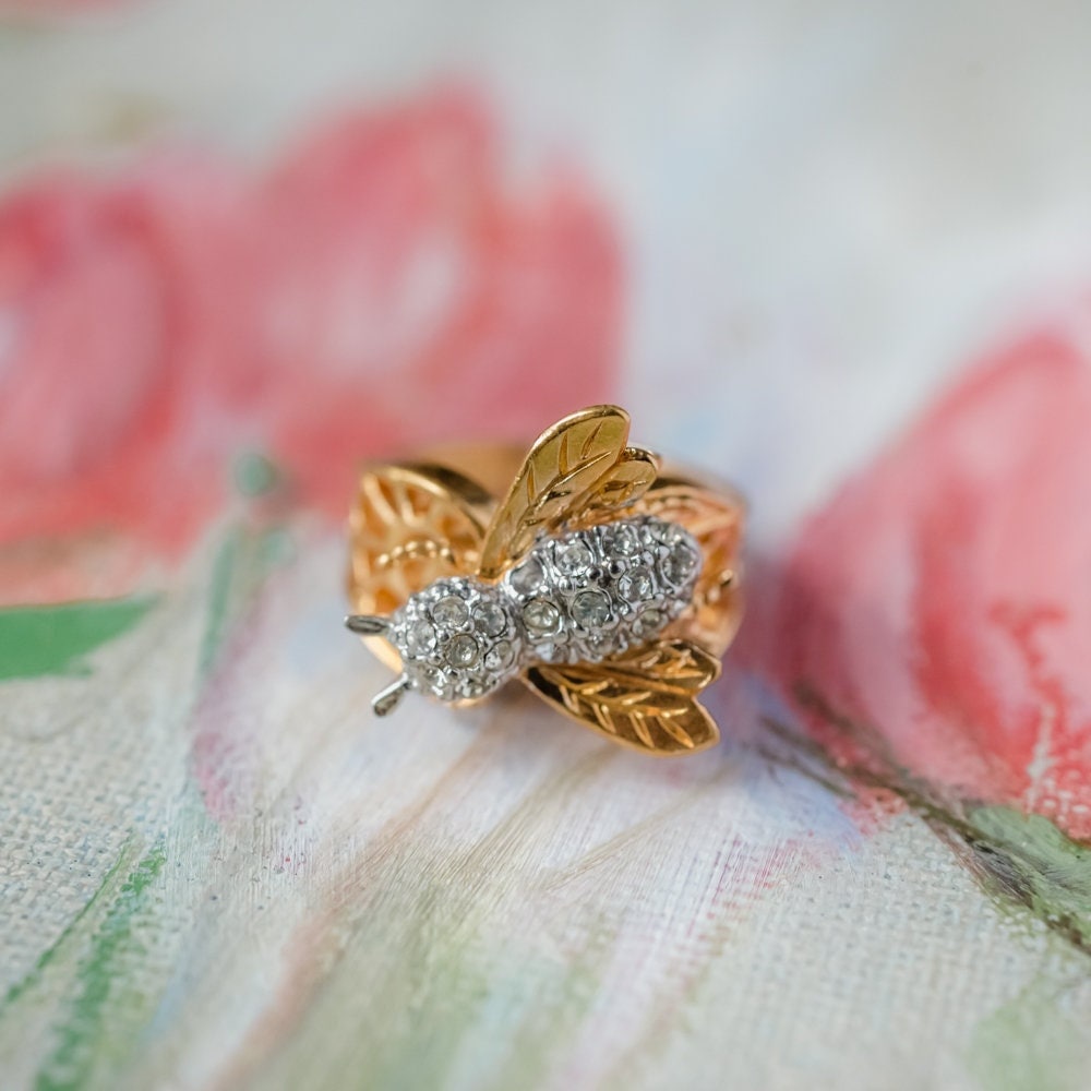 Vintage Ring Bee Ring Clear Swarovski Crystals 18kt Gold Insect Womans Jewlery Handmade #R681 Antique Rings
