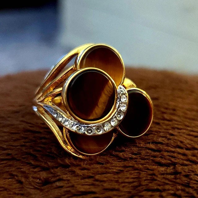 A Vintage Ring Genuine Tiger Eye Cocktail Ring 18k Gold Antique Tigerseye Womans Handmade Jewelry R282