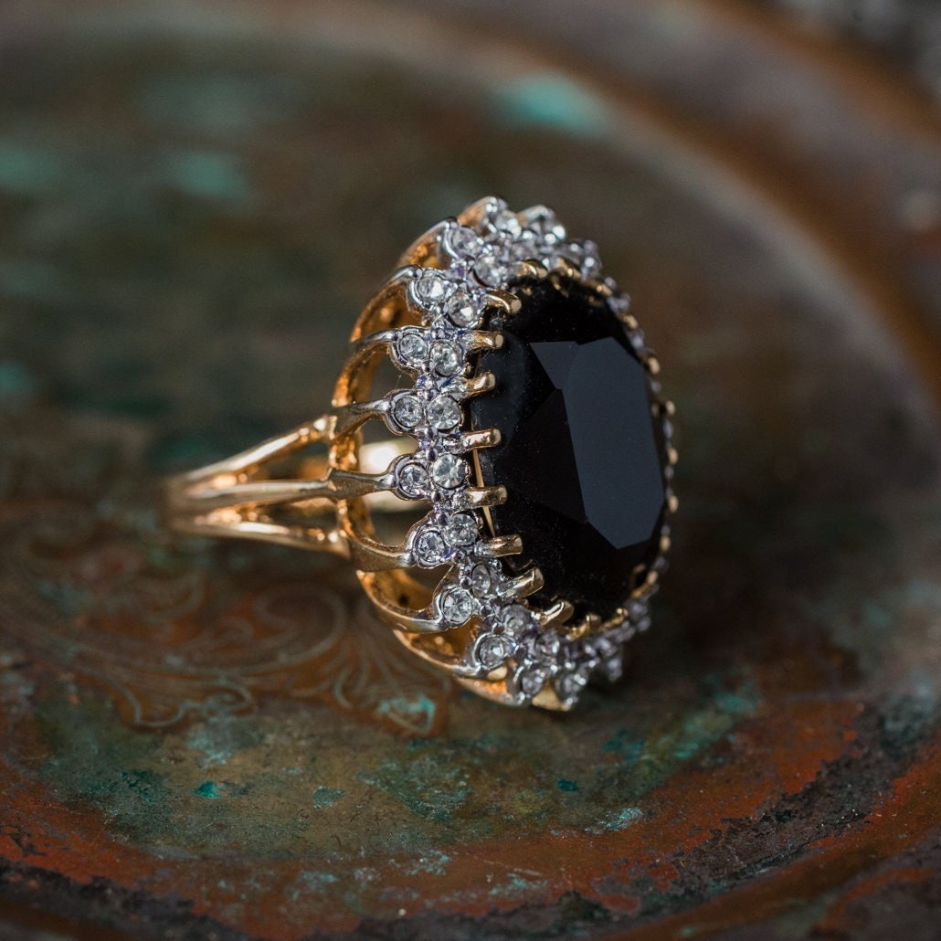 Vintage Ring Black Clear Swarovski Crystal Cocktail Ring 18k Gold Big Victorian Statement Handmade Jewelry R618 - Limited Stock - Never Worn