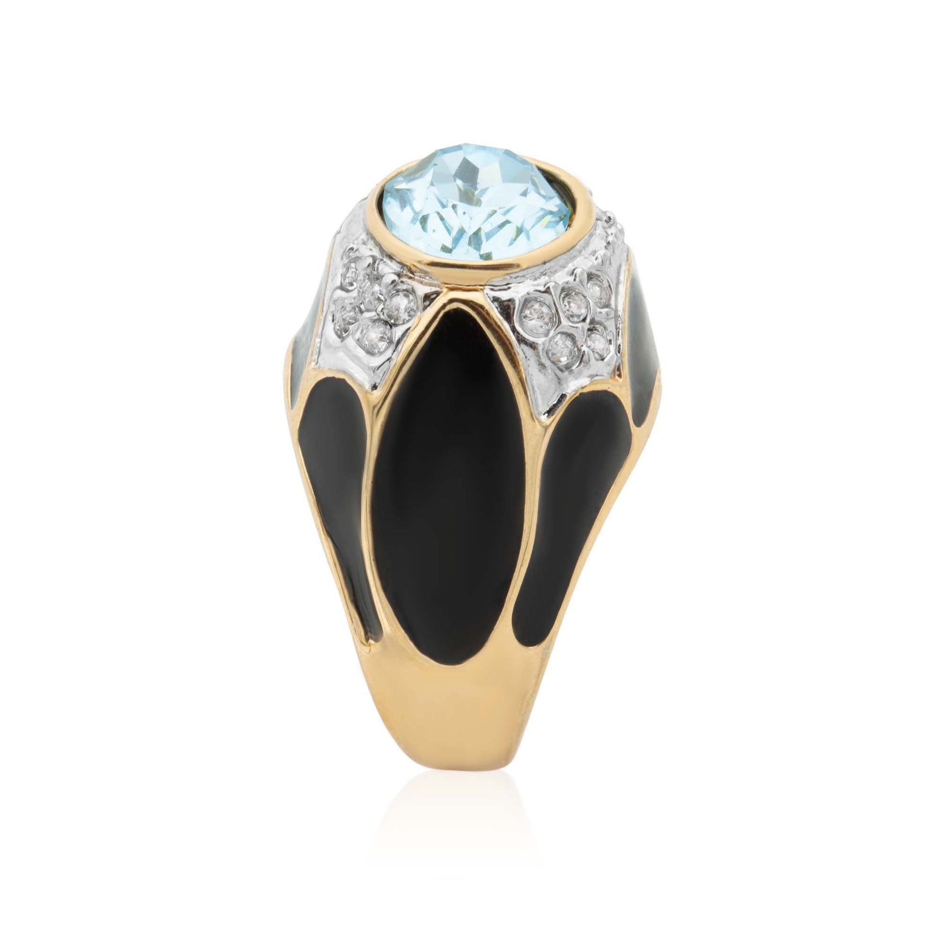 Vintage Ring 1980s Black Enamel Ring with Aquamarine Surrounded by Clear Crystals R2094 - Limited Stock - Never Worn