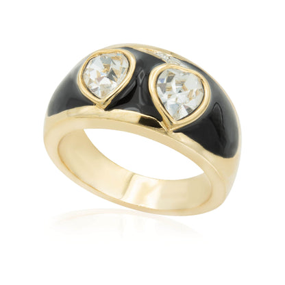 Vintage 1980s Black Enamel Ring with Clear Heart Shaped Crystals 18k Gold Plated #R4343 Size: 7