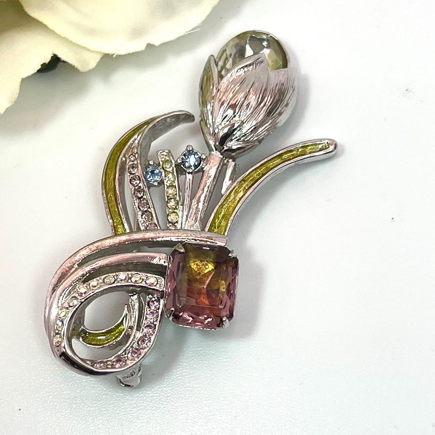 Oscar de la Renta Vintage Crystal and Epoxy Tulip Flower Pin OS-P942