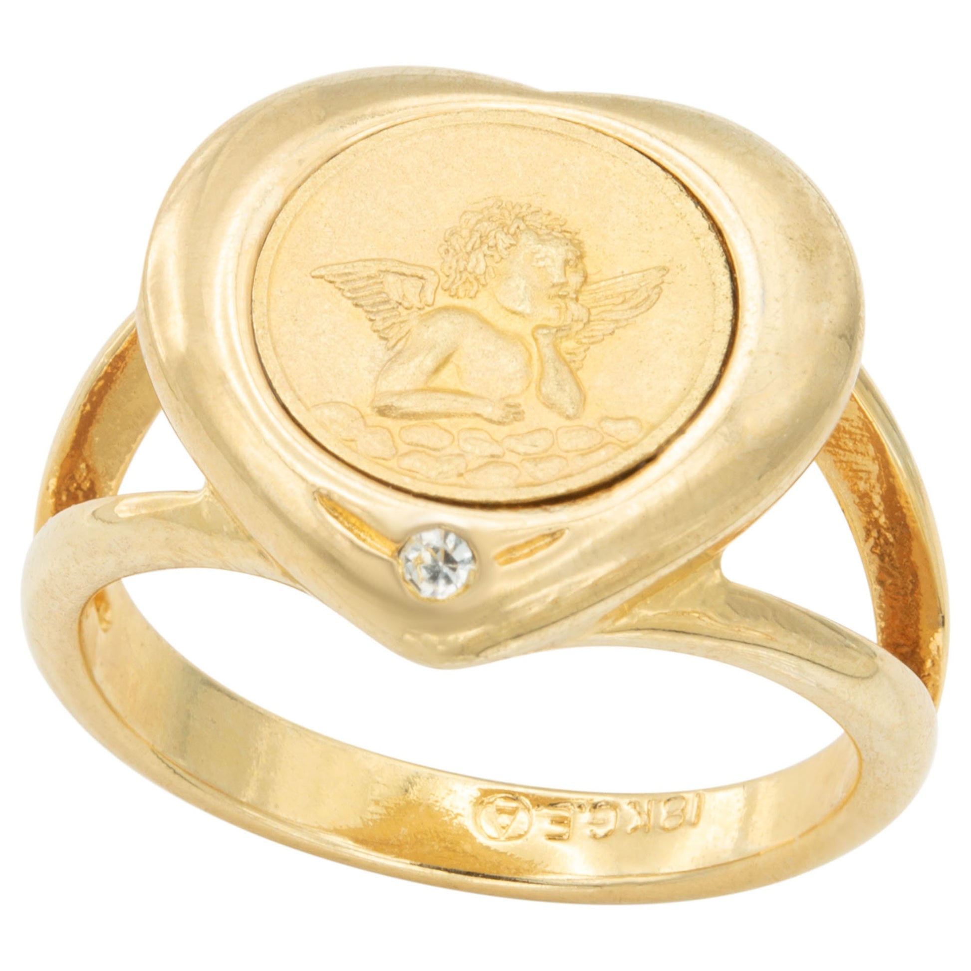 Vintage Heart Shaped Angel Coin Ring 18k Gold Electroplated with Diamond Chip Handcrafted Made in USA  #R3255-G