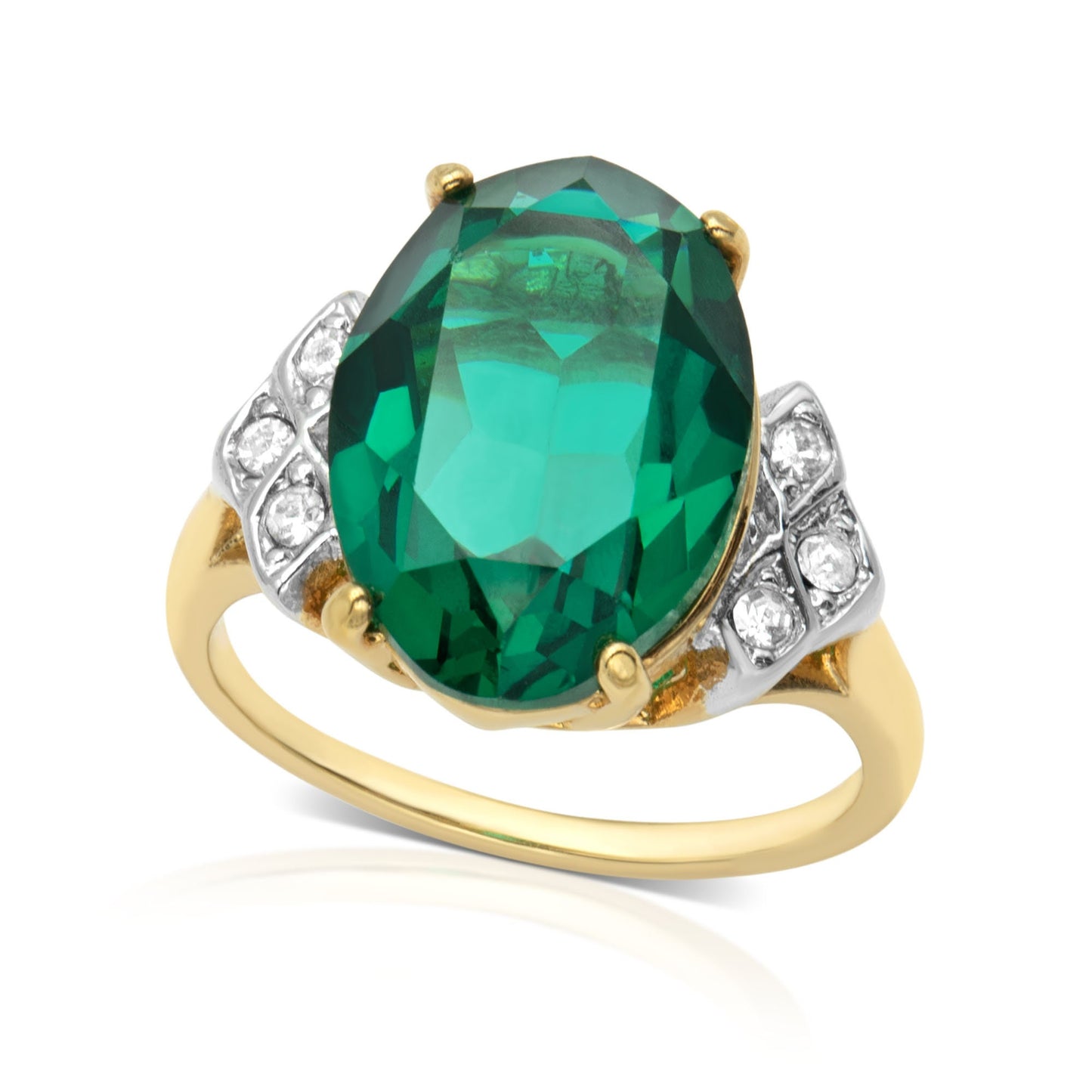 Vintage 1970s Emerald Green Austrian Crystal Ring with Clear Crystals May Birthstone Color #R1928 Size: 10