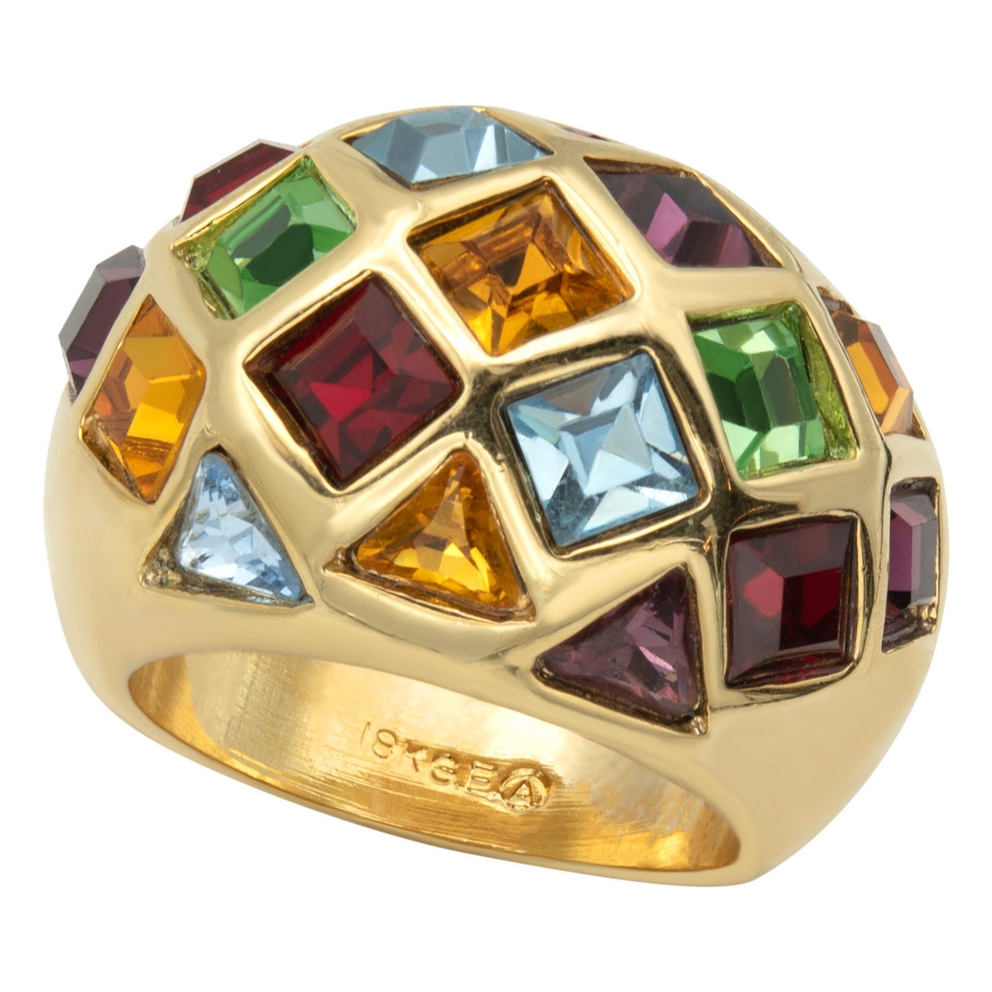 Vintage Ring Multi Colored Rainbow Style Austrian Crystals 18k Gold 1970s Era Antique for Women #R4012