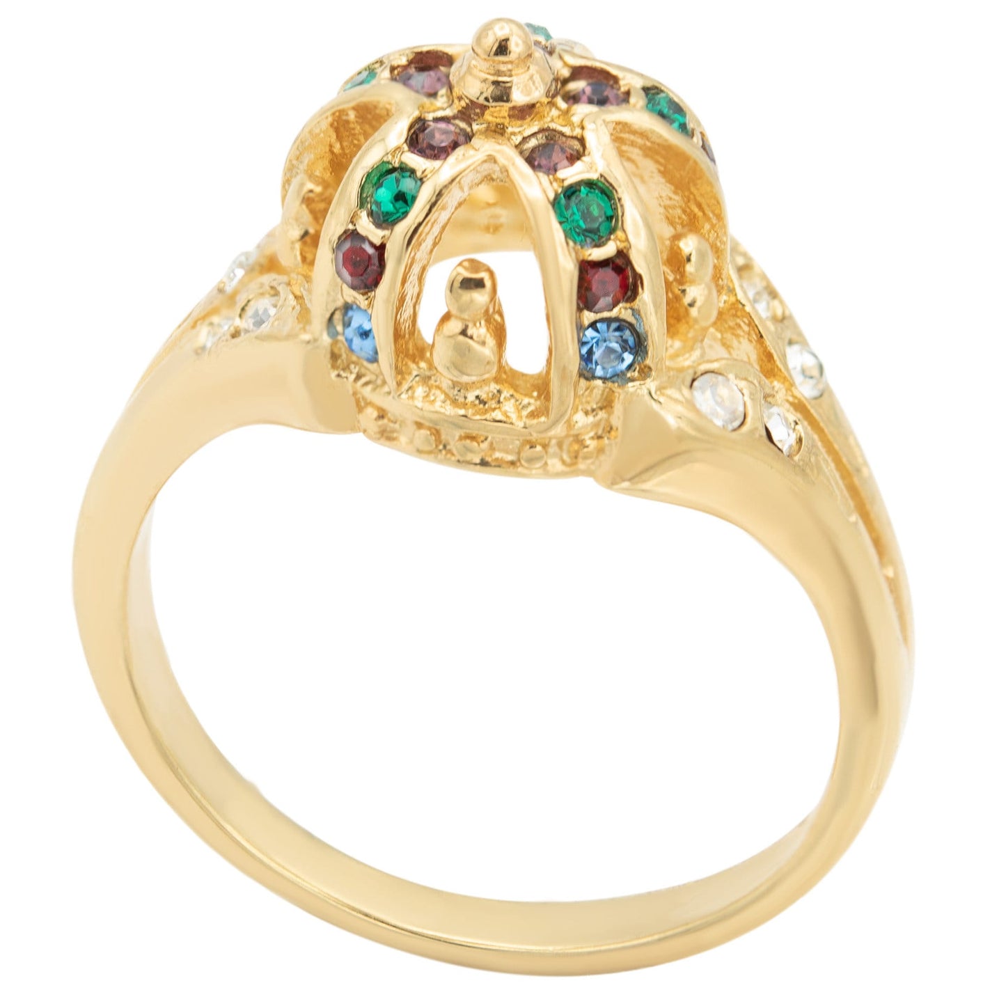 Vintage Royal King Queen Crown Ring Multi Colored Austrian Crystals 18k Gold 1970s Era Antique for Women #R3502