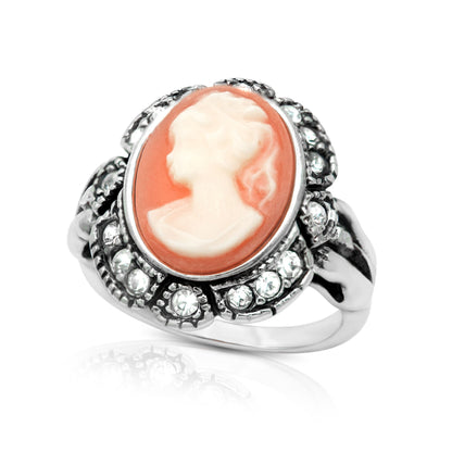 Vintage Ring 1970s 18k Antique White Gold Plated White on Coral Cameo Ring Clear Austrian Crystals Womans Costume Handmade Jewelry #R1730