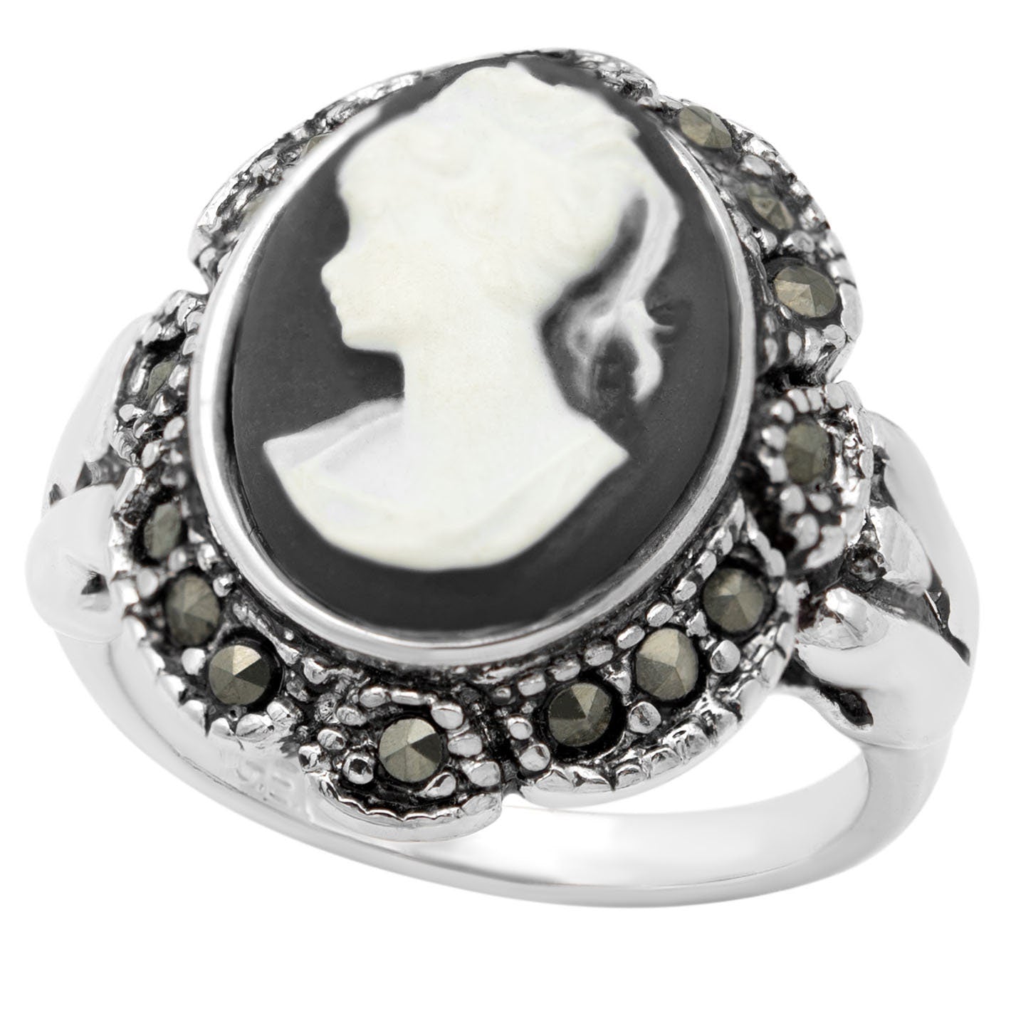 Vintage Ring 1970s 18k Antique White Gold Plated White on BLACK Cameo Ring Genuine Marcasite Womans Costume Handmade Jewelry #R1730