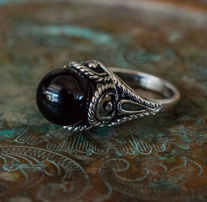 Vintage Ring Black Pearl Ring Antique 18k White Gold Silver Filigree Silver Tone Setting Jewelry 1970s Womans #R779 - Limited Stock