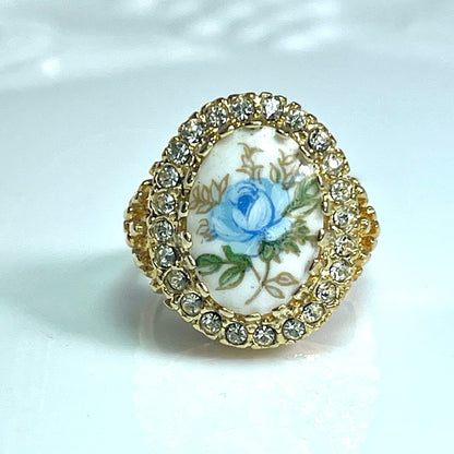 Vintage Ring Hand Painted Blue Rose Porcelain Stone and Austrian Crystals in an 18k Gold Plated Setting #R714-B Size 7 Only