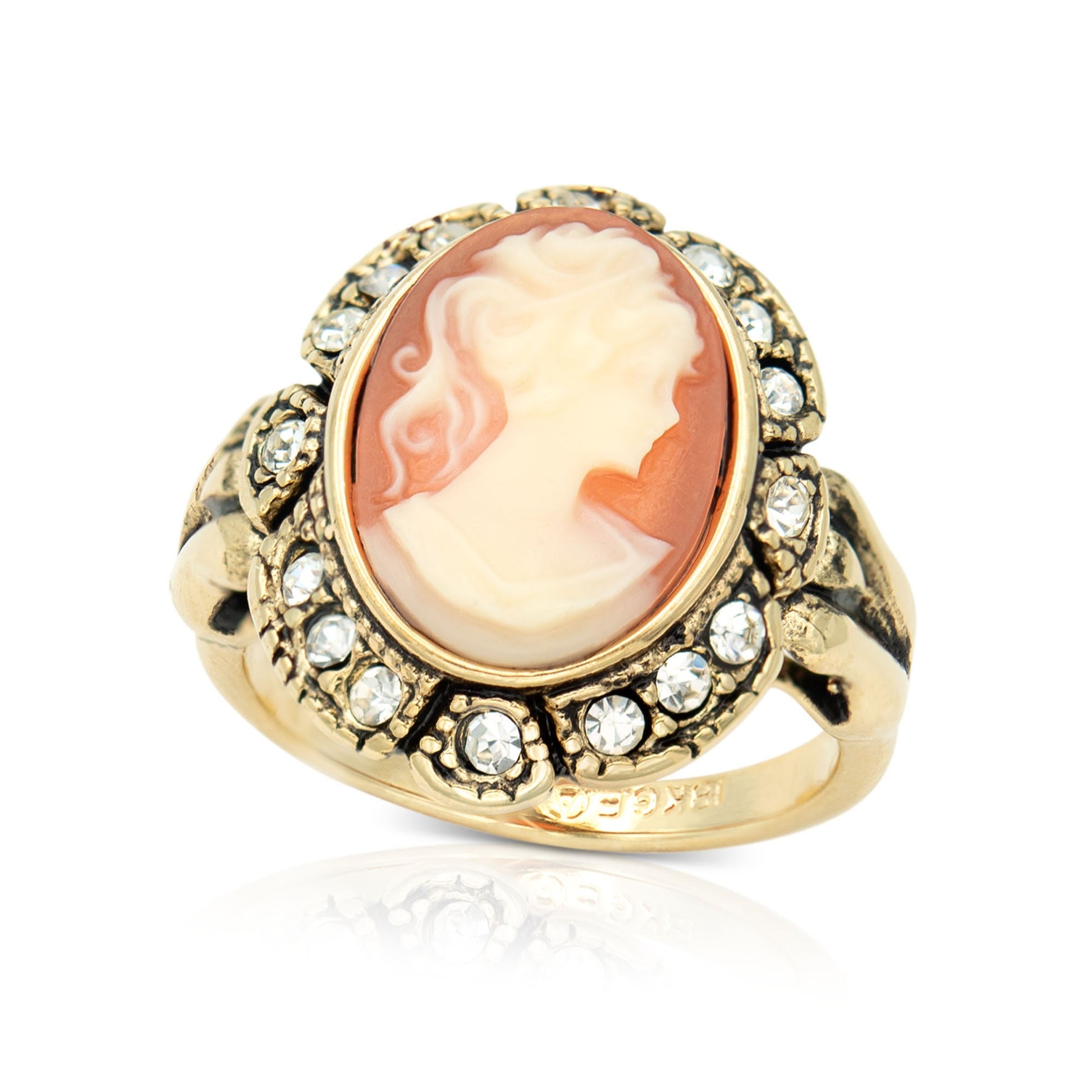 Vintage Ring 1970s 18k Antique Gold Plated White on Coral Cameo Ring Clear Austrian Crystals Womans Costume Handmade Jewelry #R1730