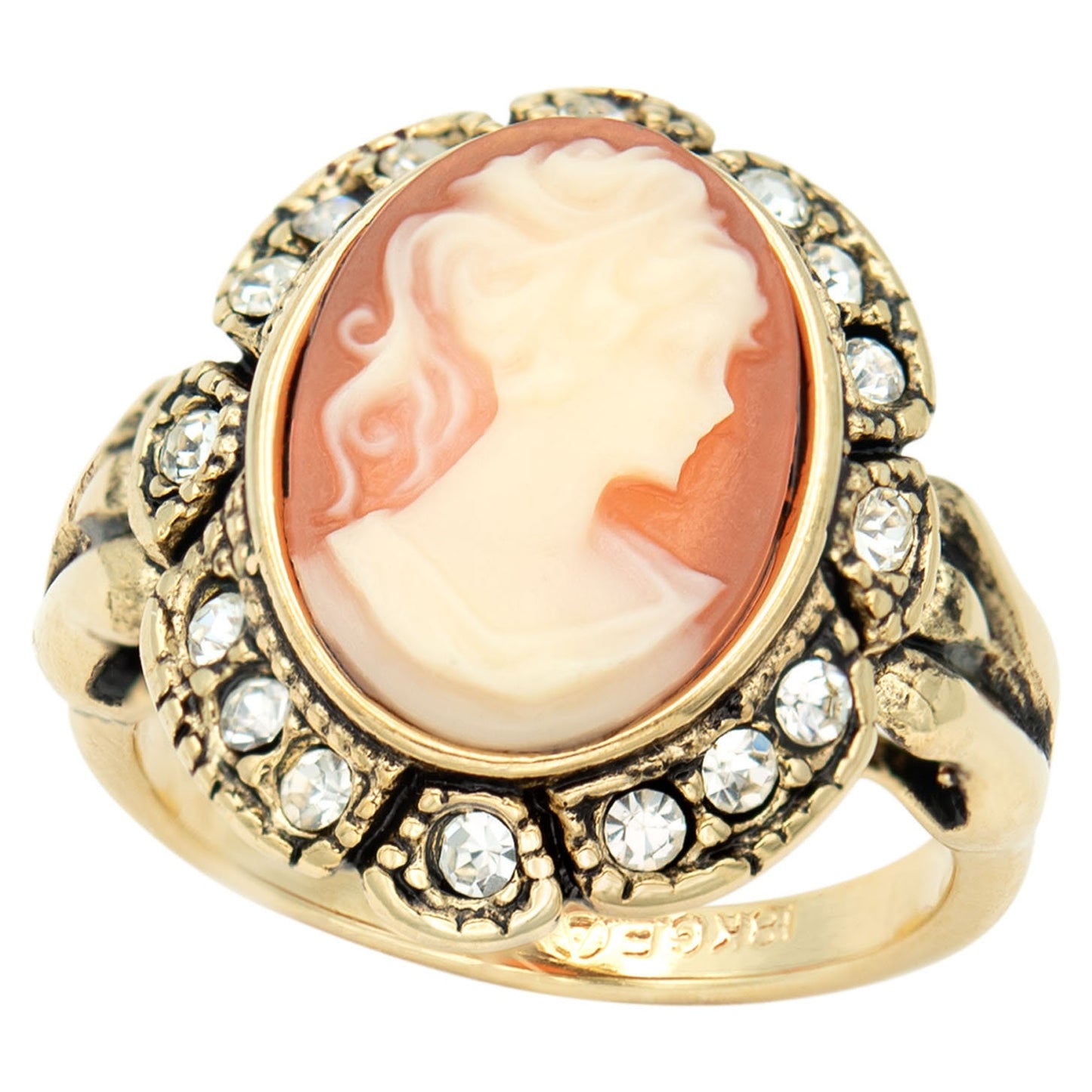 Vintage Ring 1970s 18k Antique Gold Plated White on Coral Cameo Ring Clear Austrian Crystals Womans Costume Handmade Jewelry #R1730