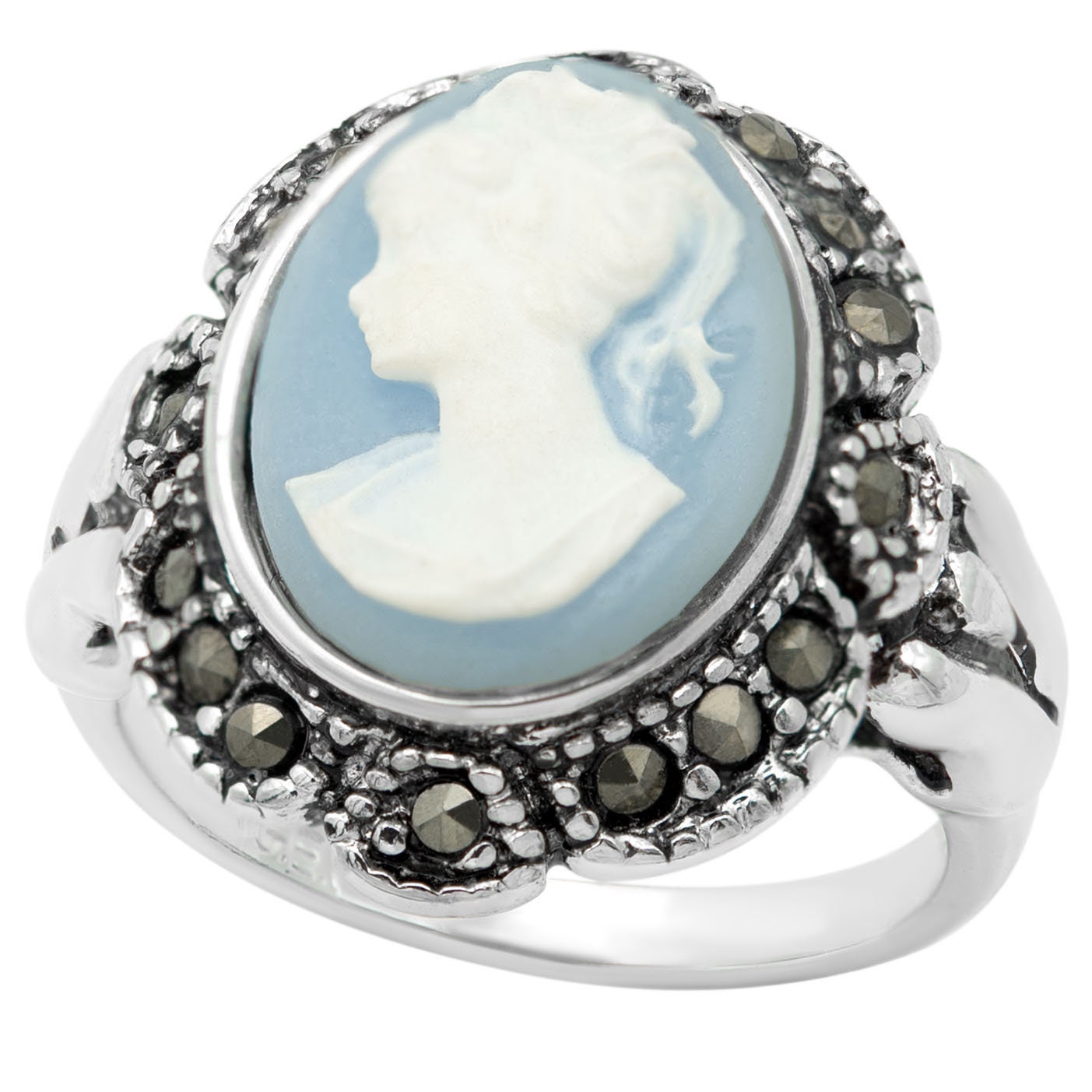 Vintage Ring 1970s 18k Antique White Gold Plated White on Blue Cameo Ring Genuine Marcasite Womans Costume Handmade Jewelry #R1730