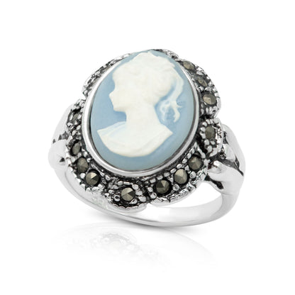 Vintage Ring 1970s 18k Antique White Gold Plated White on Blue Cameo Ring Genuine Marcasite Womans Costume Handmade Jewelry #R1730
