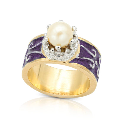 Vintage 1980s Hand Painted Purple Enamel Ring with Pearl Bead 18k Gold Plated #R9014 Size: 7