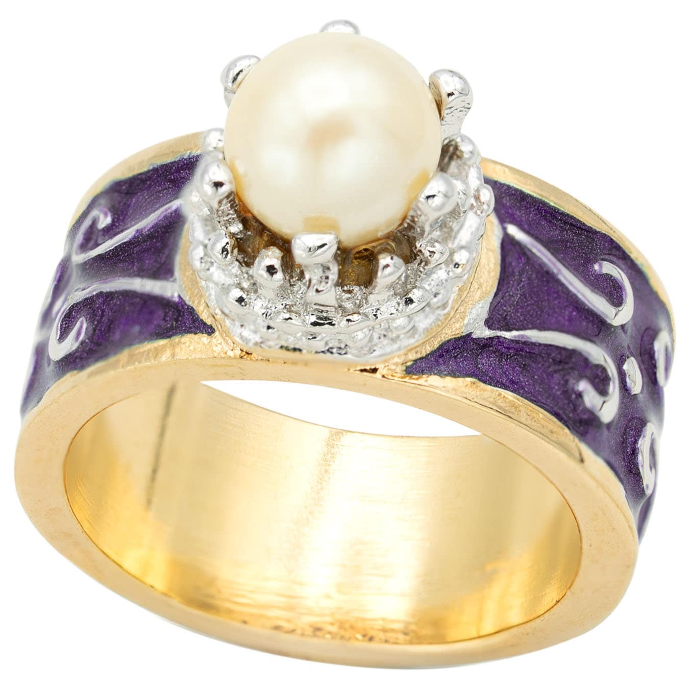 Vintage 1980s Hand Painted Purple Enamel Ring with Pearl Bead 18k Gold Plated Made in USA #R9014