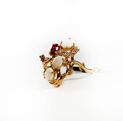 Vintage Ring Genuine Opals Cluster with Ruby and Clear Swarovski Crystals Ring 18k Gold Womans Jewlery #R314