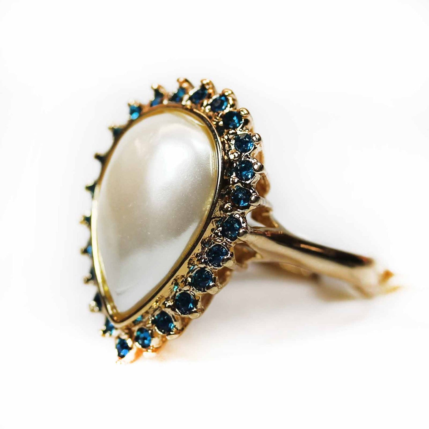 Vintage Ring Pear Shaped Pearl Bead Royal Blue Swarovski Crystals 18k Gold Cocktail Ring Antique Womans #R2045 - Limited Stock - Never Worn