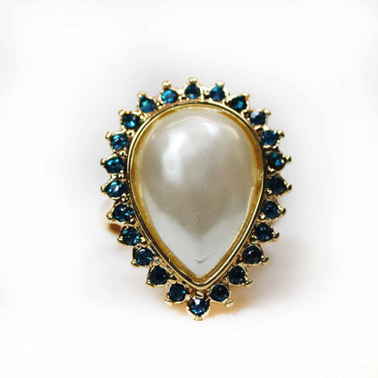 Vintage Ring Pear Shaped Pearl Bead Royal Blue Swarovski Crystals 18k Gold Cocktail Ring Antique Womans #R2045 - Limited Stock - Never Worn