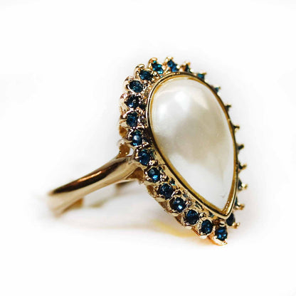 Vintage Ring Pear Shaped Pearl Bead Royal Blue Swarovski Crystals 18k Gold Cocktail Ring Antique Womans #R2045 Size: 5