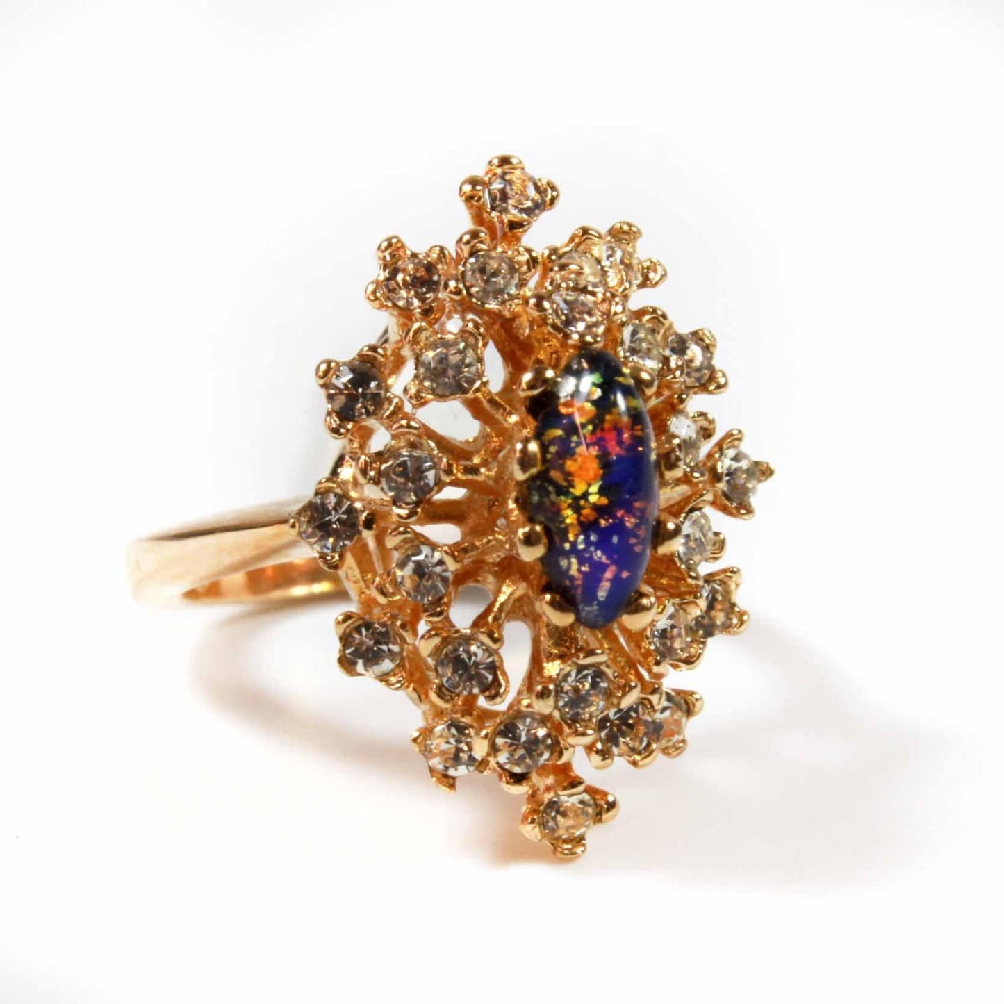 Vintage Ring 1970s Harlequin Opal Clear Swarovski Crystals 18kt Gold Cocktail Ring Antique Womans Jewlery #R221 - Limited Stock - Never Worn