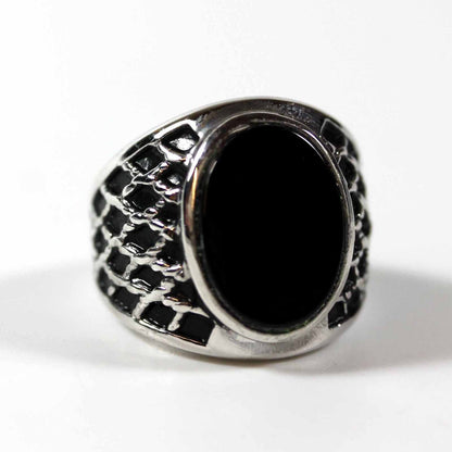 Vintage 1980s Mens Genuine Onyx Antiqued Rhodium Plated Silver Tone Ring Unisex New Old Stock #R1052 Size: 9