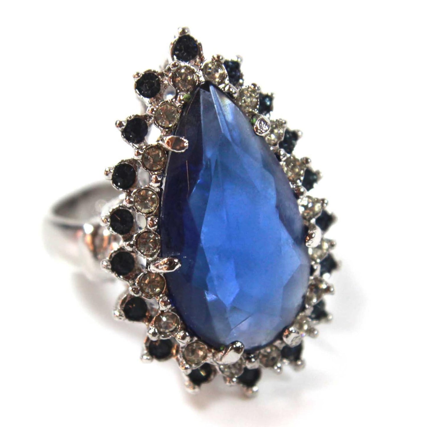 Vintage Ring Teardrop Ring Sapphire and Clear Swarovski Crystals 18k White Gold Silver  #R212 - Limited Stock - Never Worn