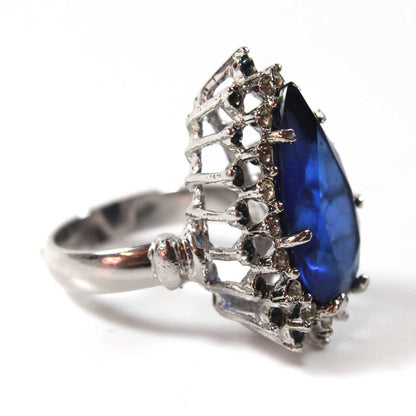 Vintage Ring Teardrop Ring Sapphire and Clear Swarovski Crystals 18k White Gold Silver  #R212 - Limited Stock - Never Worn
