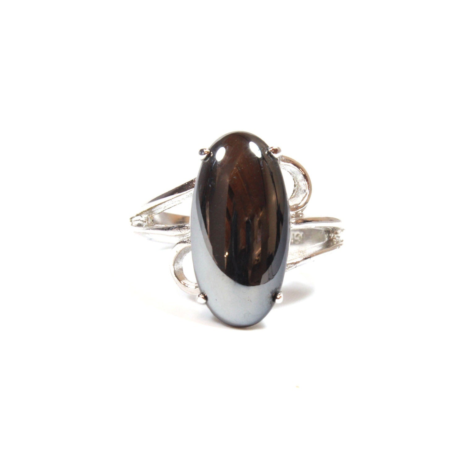 Vintage Ring 1970s Oval Cut Glass Hematite 18k White Gold Silver Cocktail Ring #R1846 - Limited Stock - Never Worn