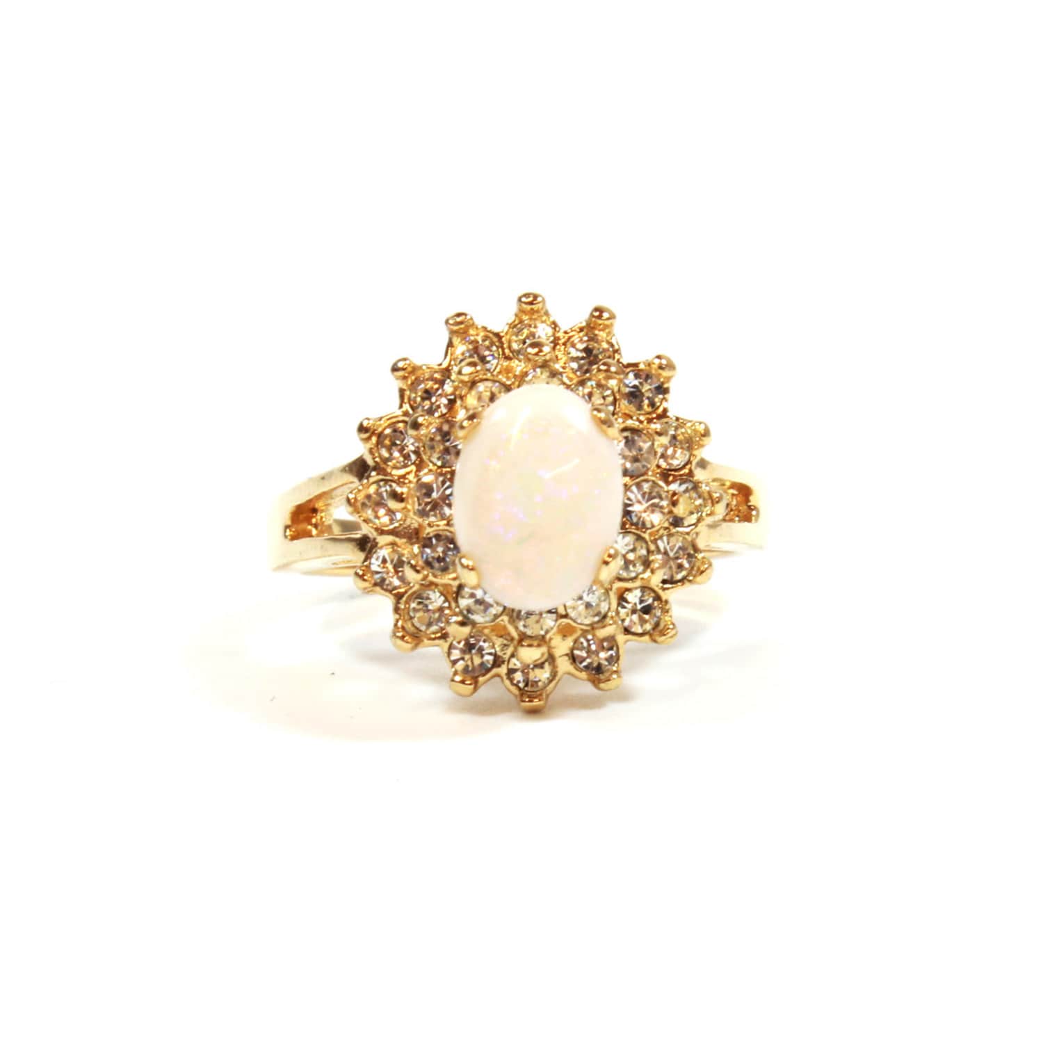 Vintage Ring Genuine Opal with Clear Swarovski Crystals 18k Gold Cocktail Ring Antique Womans Jewelry #R1352 - Limited Stock - Never Worn