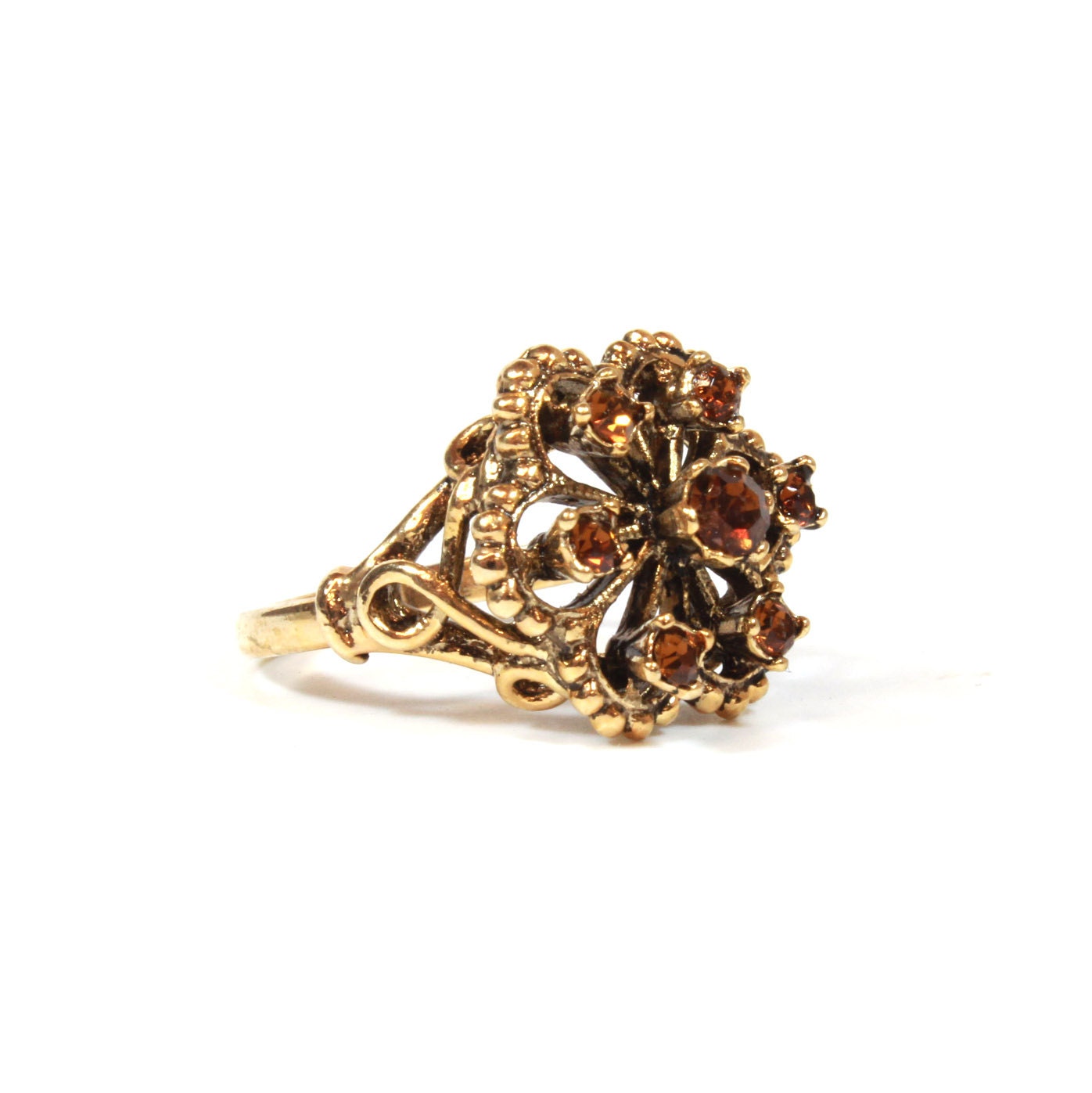 Vintage Ring Citrine Swarovski Crystals Filigree Style Antique 18k Gold Womans Jewelry #R103 - Limited Stock - Never Worn