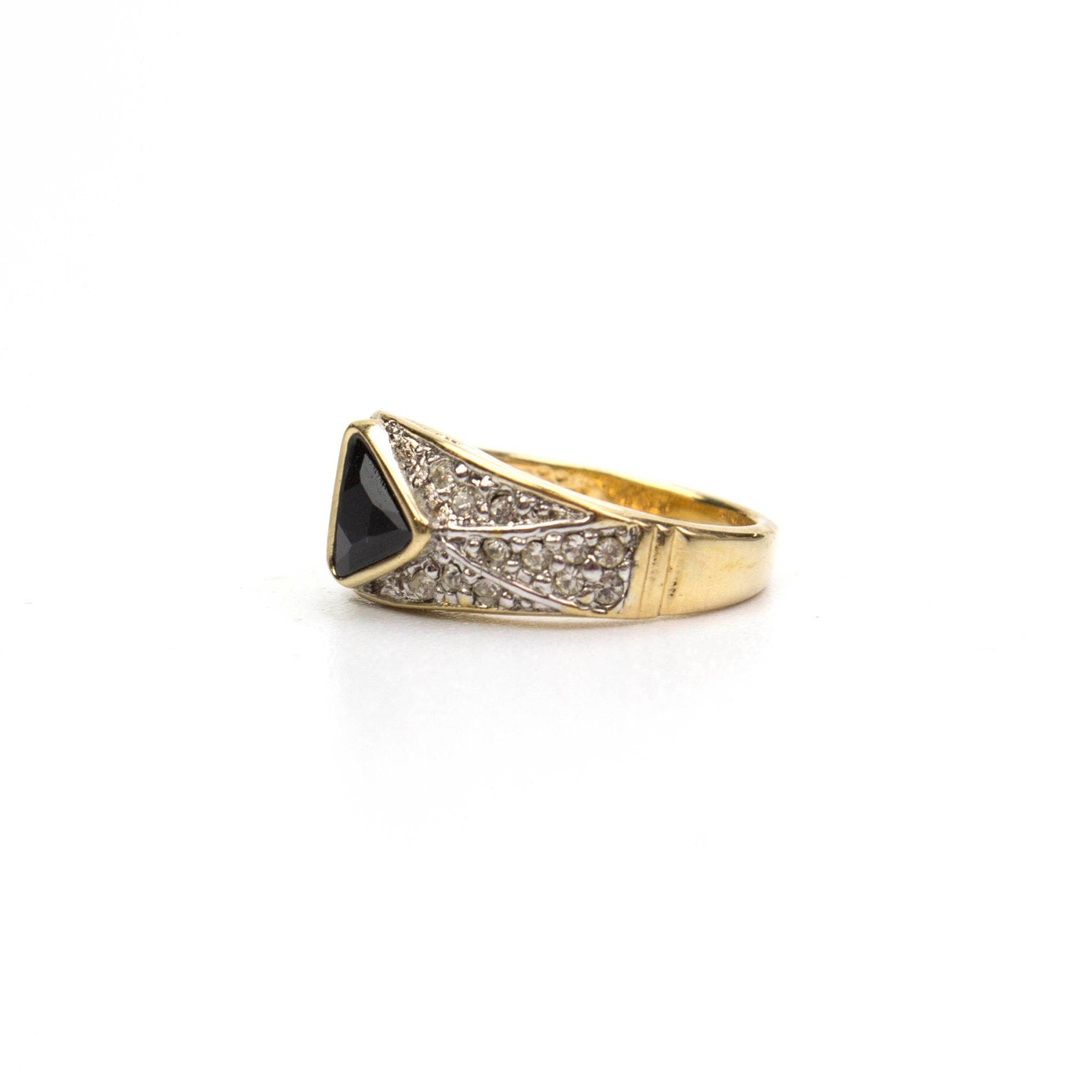 Vintage Ring Pave Trillion Cut Black and Clear Swarovski Crystals 18k Gold  R2932 - Limited Stock - Never Worn