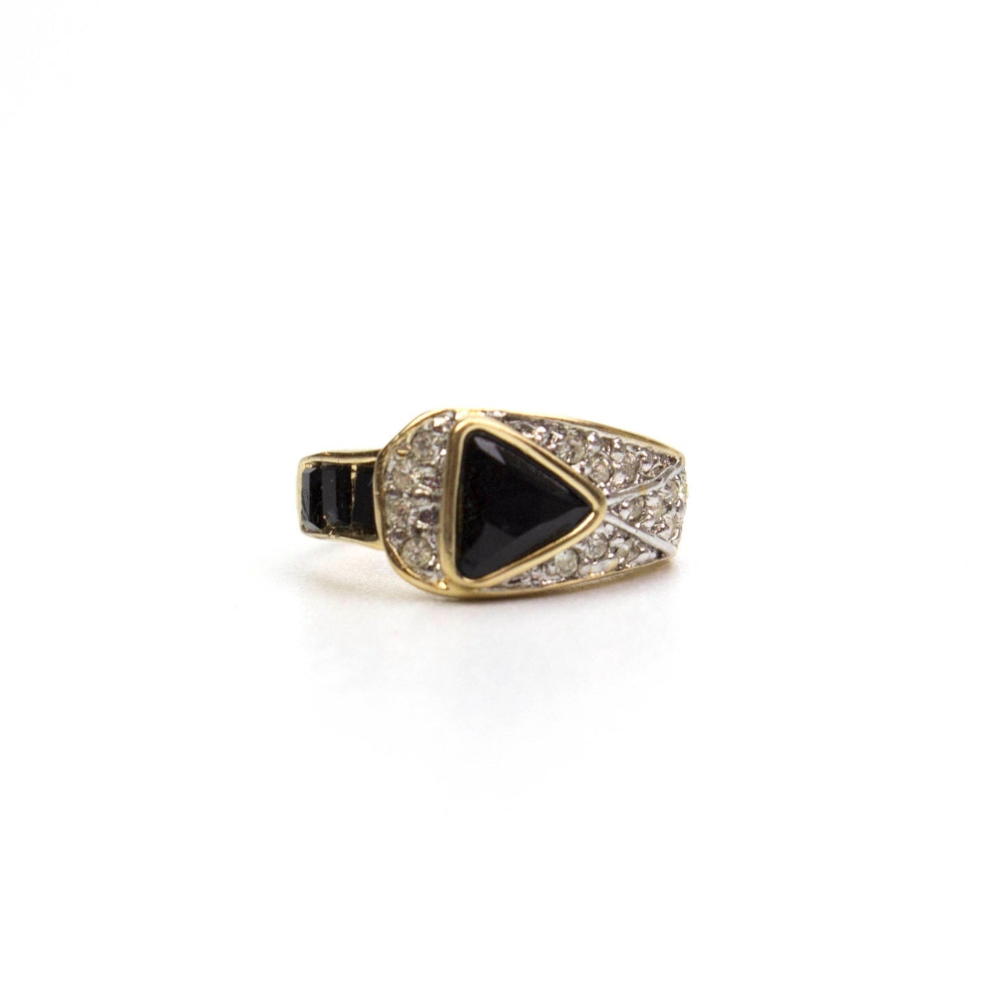 Vintage Ring Pave Trillion Cut Black and Clear Swarovski Crystals 18k Gold  R2932