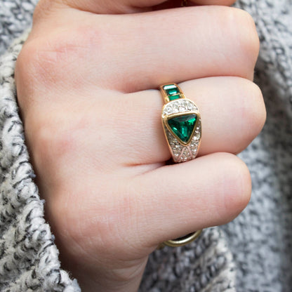 Vintage Ring Pave Trillion Cut Emerald and Clear Swarovski Crystal Ring 18k Gold Antique Womans Jewlery R2932 - Limited Stock - Never Worn