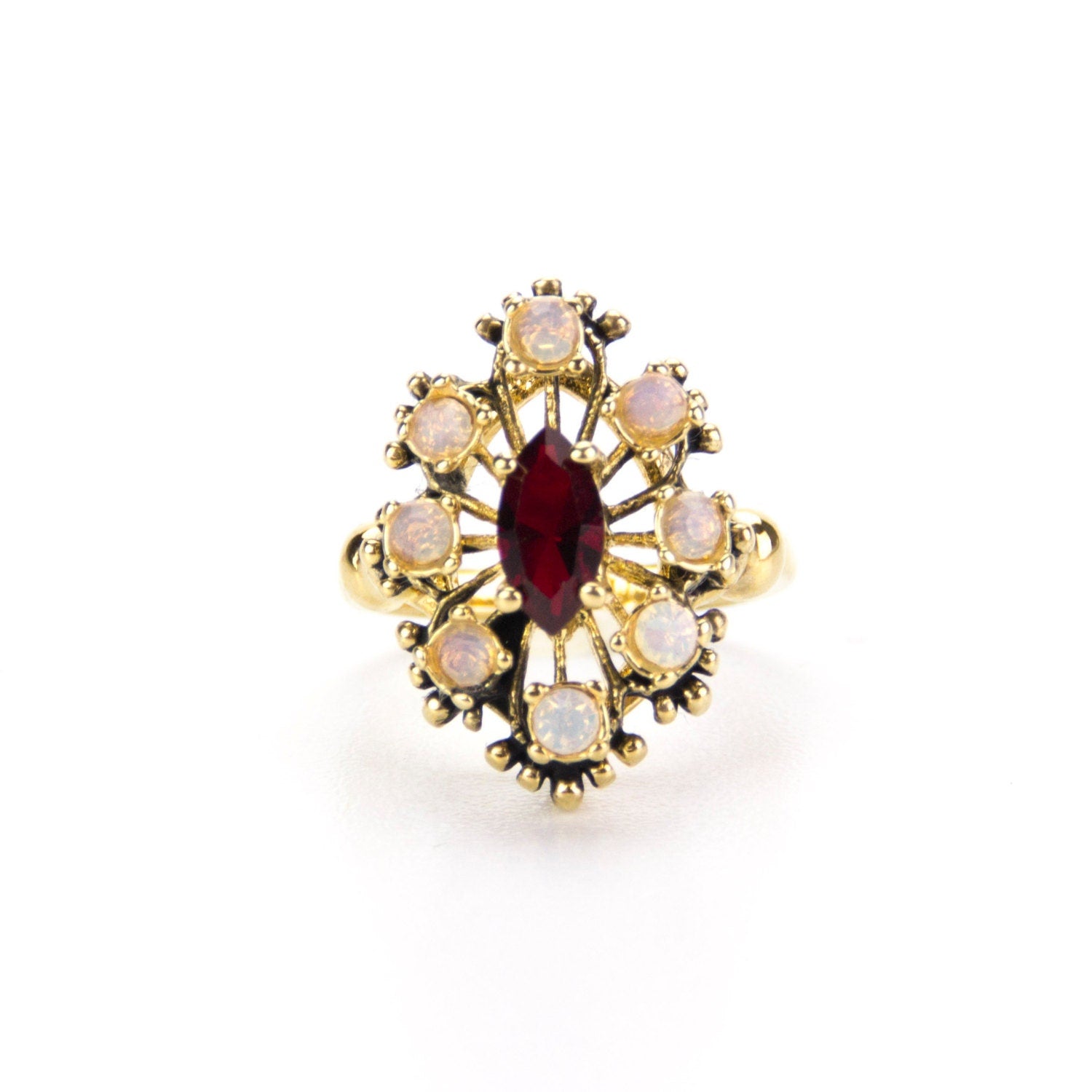 Vintage Filigree Cocktail Ring Ruby Red Swarovski Crystal and Pinfire Opals Edwardian Style Antique Jewelry 18k Gold  #R250 - LIMITED SUPPLY