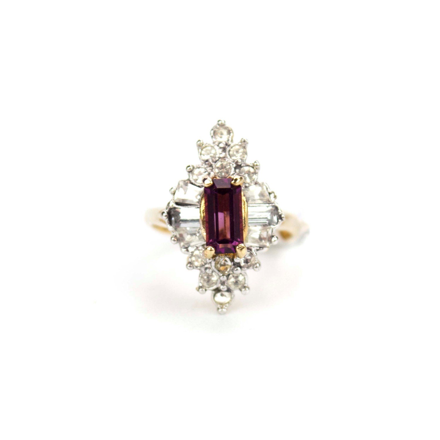 Vintage Ring 1970s Ring Amethyst and Clear Swarovski Crystals 18k Gold Plated Band #R2001 - Limited Stock - Never Worn