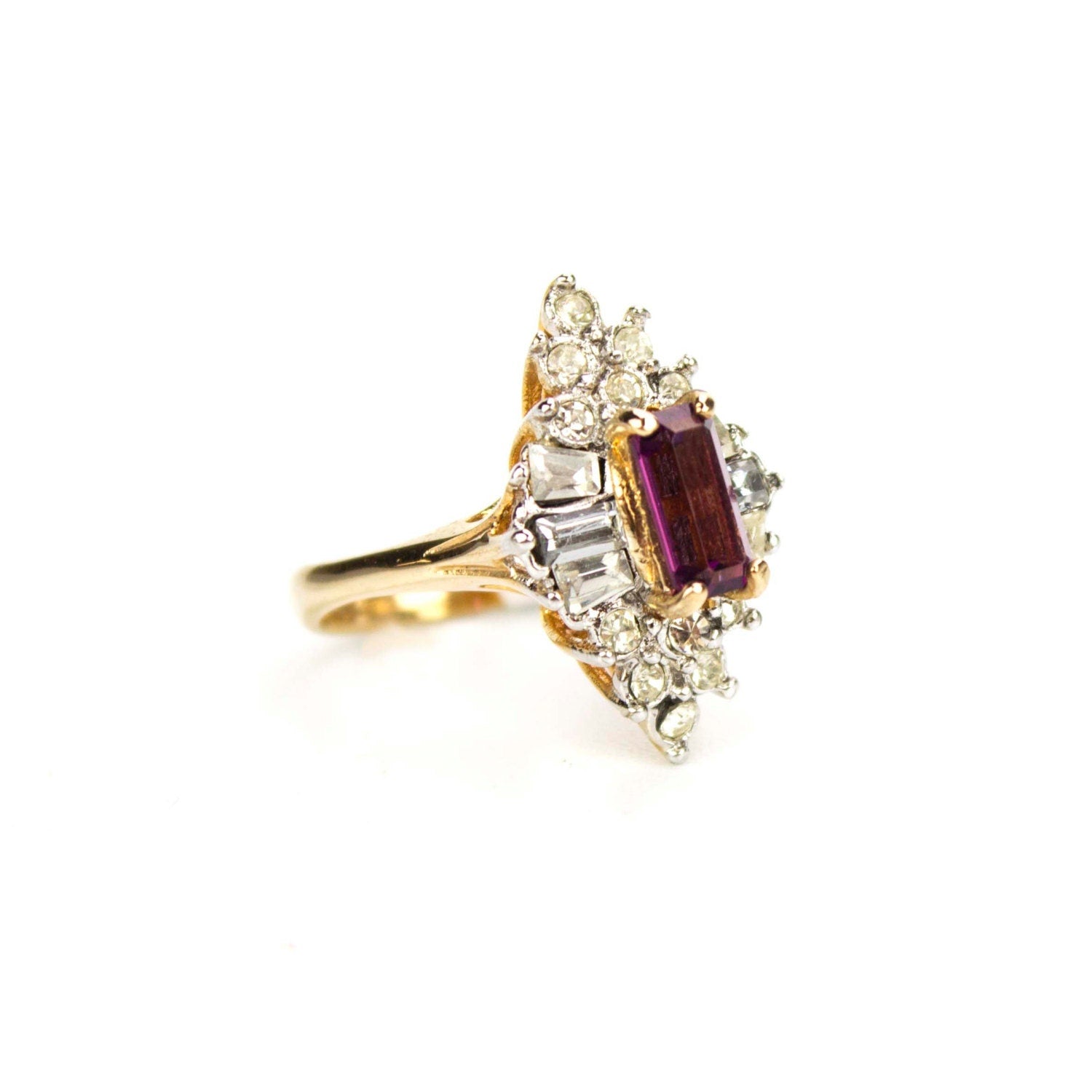 Vintage Ring 1970s Ring Amethyst and Clear Swarovski Crystals 18k Gold Plated Band #R2001 - Limited Stock - Never Worn