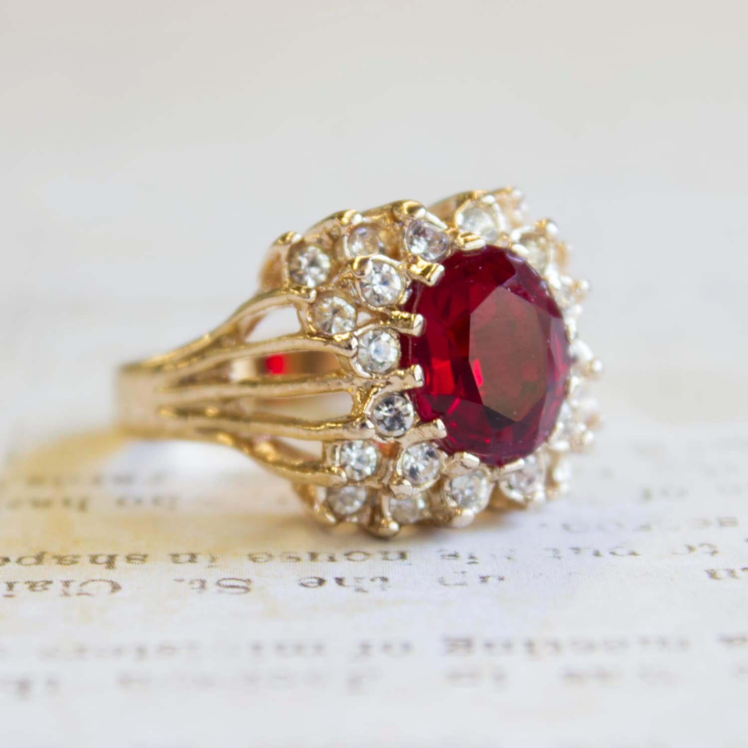 Vintage Ring Ruby and Clear Swarovski Crystal Victorian Style Cocktail Ring 18k Gold  #R199 - Limited Stock - Never Worn