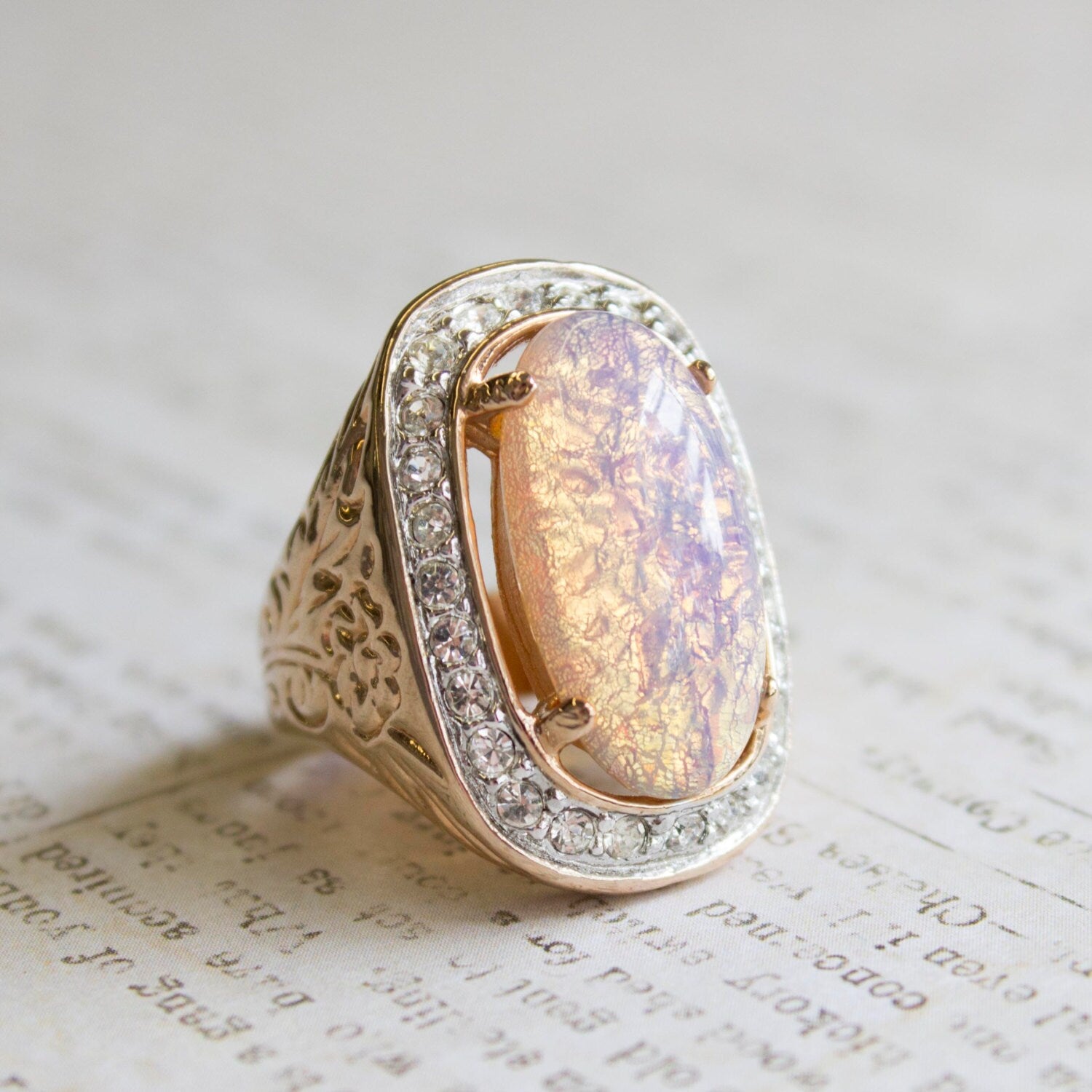 Vintage Ring Large Harlequin Opal and Clear Swarovski Crystals 18k Antique Gold Cocktail Ring Womans #R527 - Limited Stock - Never Worn