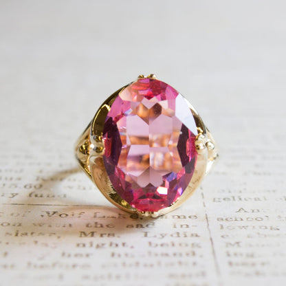 A Vintage Ring 1970s Cocktail Ring with Rose Swarovski Crystal 18k Gold Antique Womans Jewelry Rings Size #R419 - Limited Stock - Never Worn