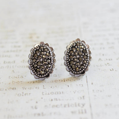 Vintage Earrings Genuine Marcasite Pave Posts Antique 18k White Gold Silver Womans Jewelry #E185