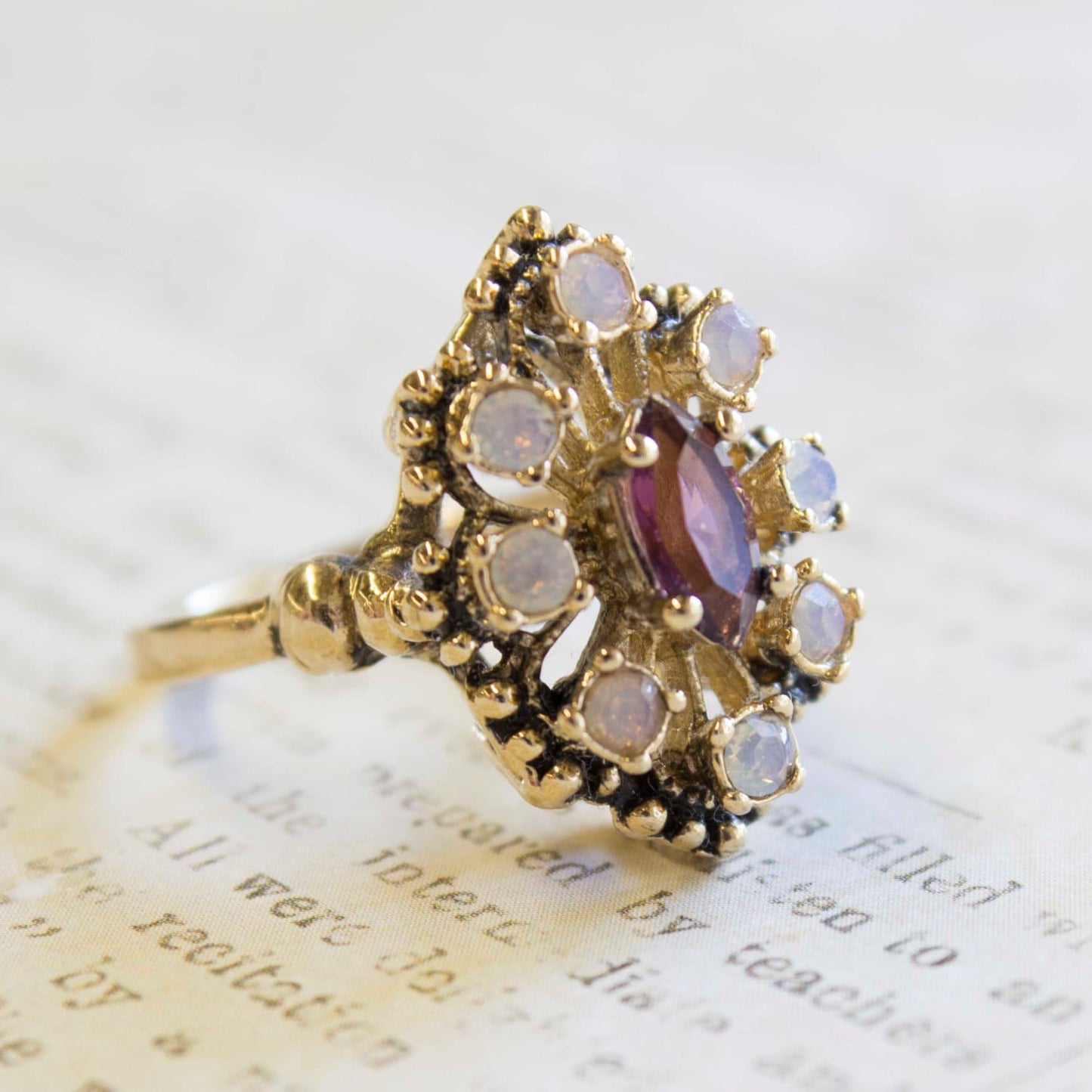 Vintage Ring Filigree Cocktail Ring Amethyst Swarovski Crystals and Pinfire Opals Antique Womans 18k Gold  #R250