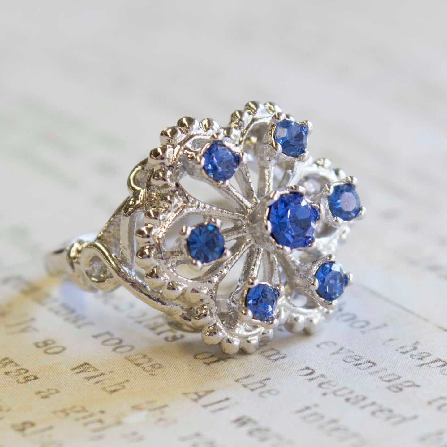 Vintage Ring Filigree Style 18k White Gold Ring Blue Tanzanite Swarovski Crystals Edwardian Style Antique #R103 - Limited Stock - Never Worn