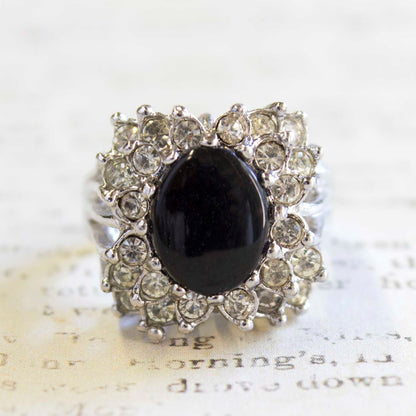 Vintage Ring Genuine Onyx Ring Clear Swarovski Crystals 18k White Gold Silver Plated #R199 - Limited Stock - Never Worn