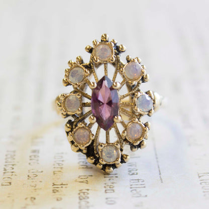 Vintage Ring Marquise Cut Center Crystal Surrounded by Pinfire Opals or Clear Crystals Cocktail Ring Antique 18k Gold  R250