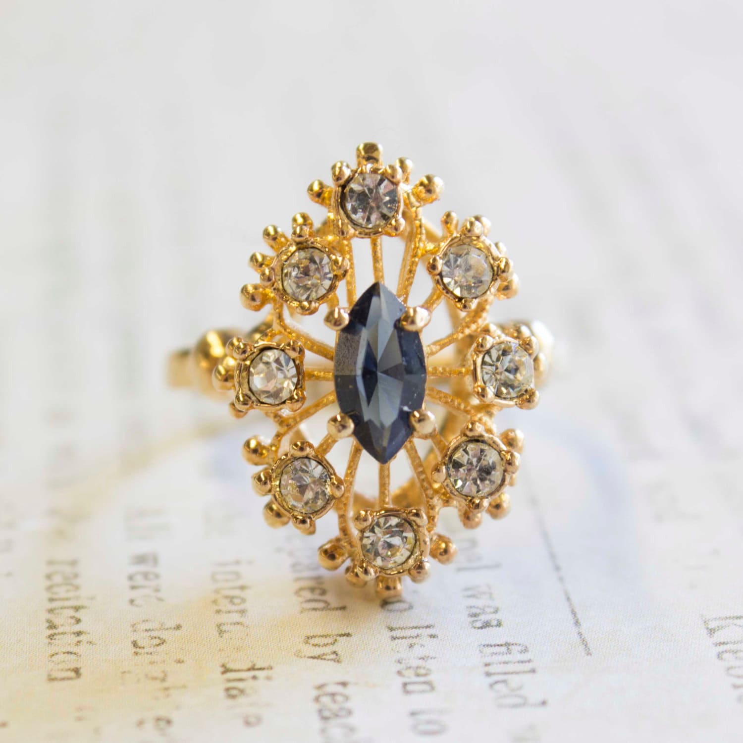 Vintage Ring Filigree Cocktail Ring with Sapphire and Clear Swarovski Crystals 18k Gold Edwardian Antique #R250 - Limited Stock - Never Worn