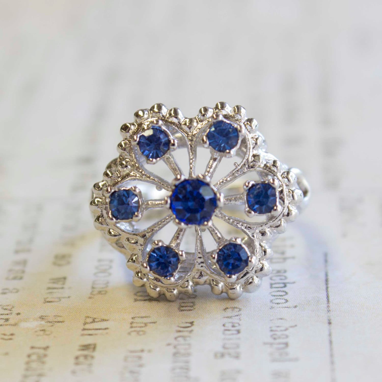 Vintage Ring Filigree Style 18k White Gold Ring Blue Tanzanite Swarovski Crystals Edwardian Style Antique #R103 - Limited Stock - Never Worn
